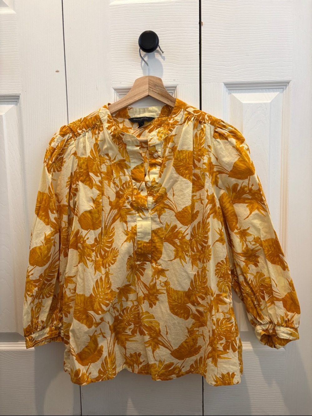 Banana Republic Mustard Yellow Floral Button-Trim Pullover